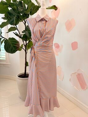 entro Peach and Light Blue Striped Wrap Midi Dress
